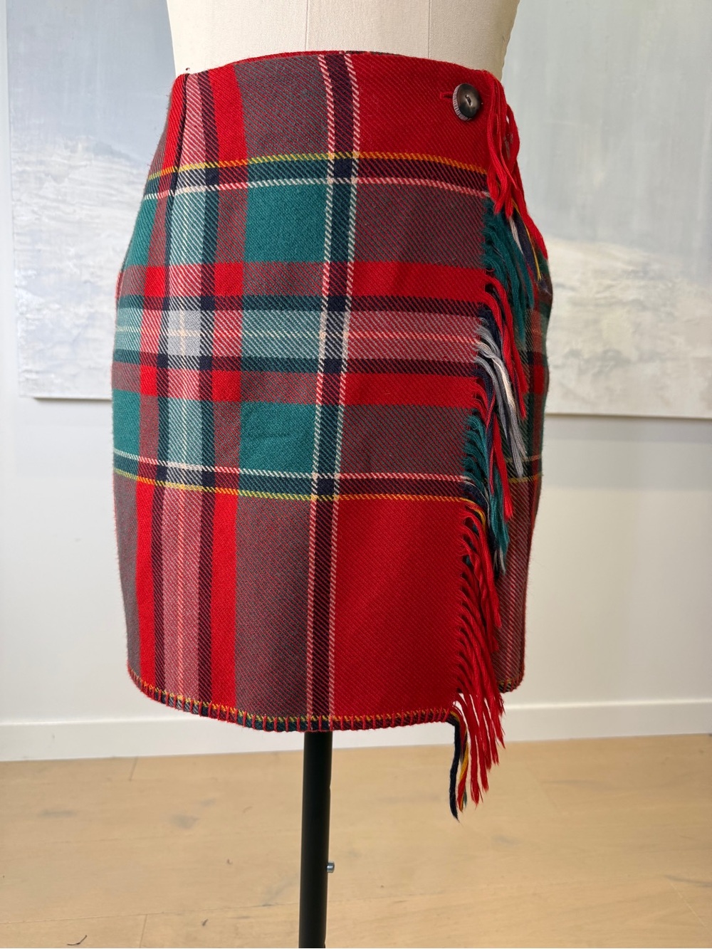 Ralph Lauren Country Red  Plaid Wrap Mini Skirt with Fringe vintage